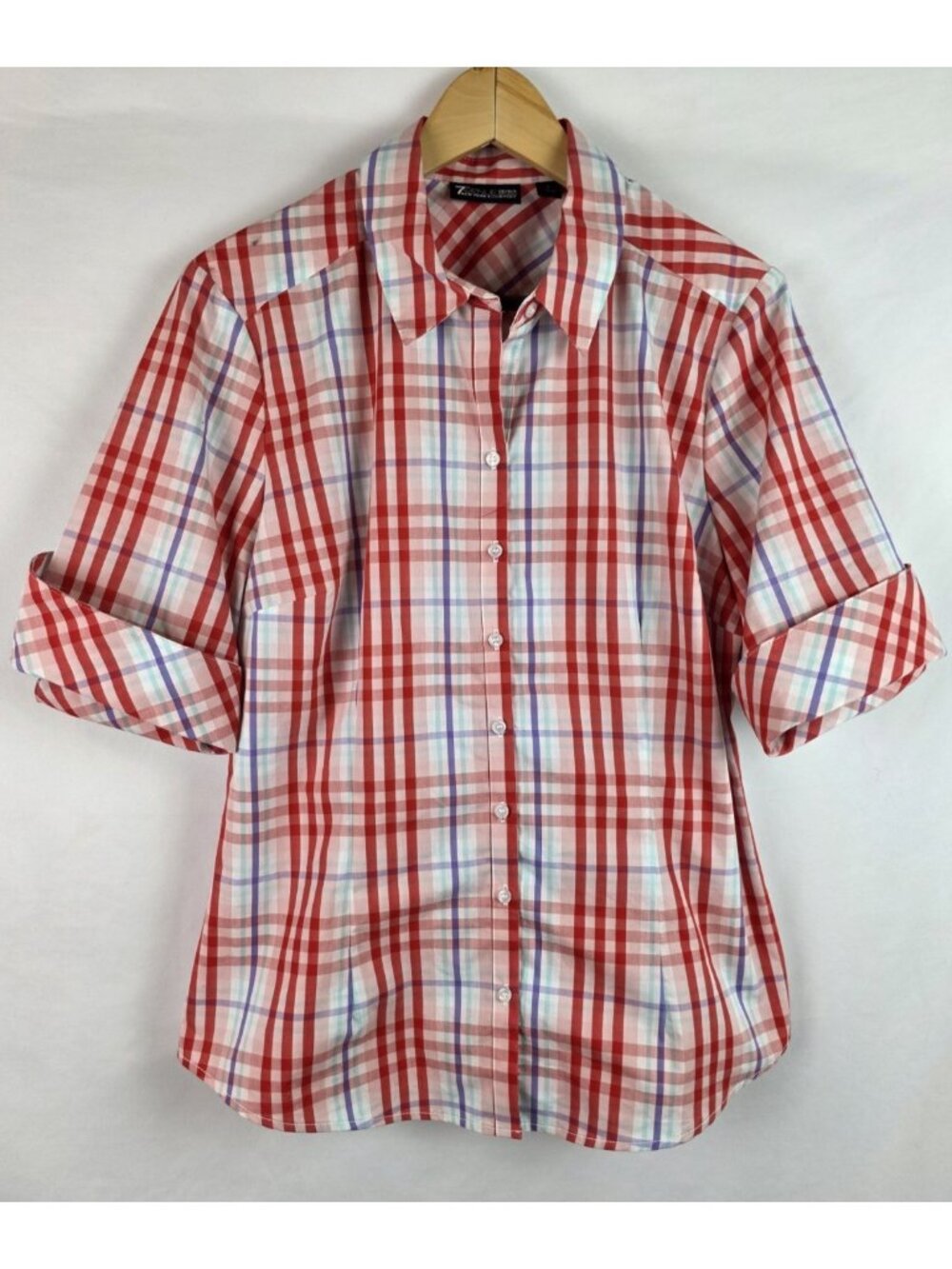 7th Avenue Design Studio Women's Shirt Large Pink Plaid 3/4 Sleeve Button Down